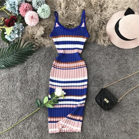 Women Ribbed Woven Bodycon Dress Small S Blue Pink White Stretch Wide Stripes - Picture 12 of 16